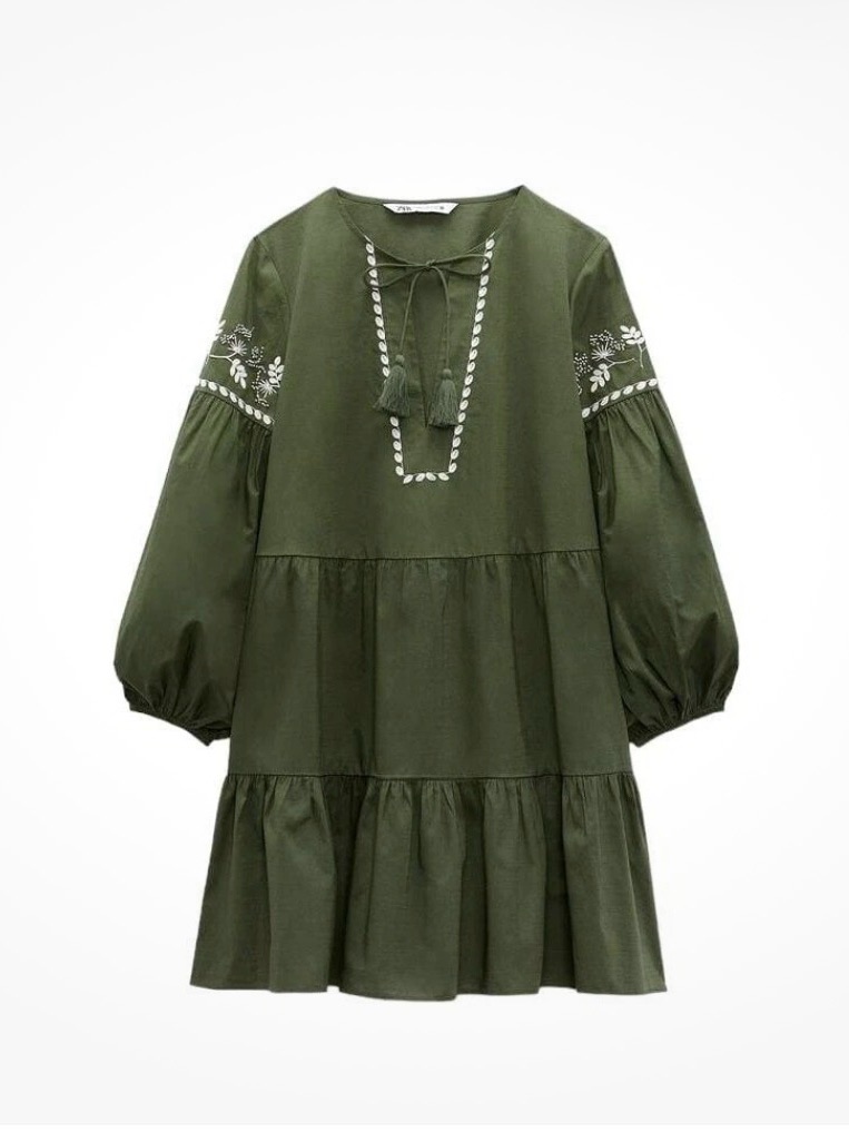 Nwot Zara 100% Cotton Olive Green Embroidered Beaded Tiered Dress Sz S